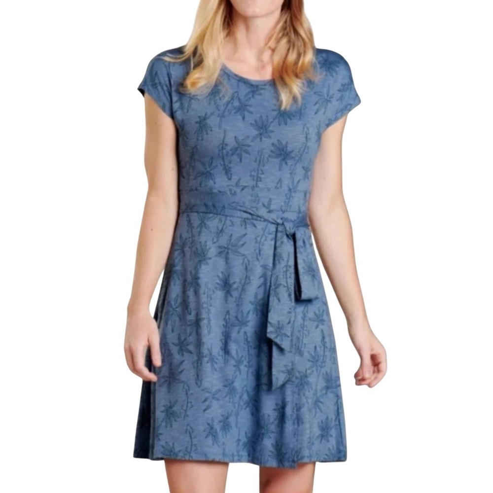 Toad&Co‎ Cue Wrap Cafe Dress M Blue Floral Organic Cotton Gorpcore Outdoor